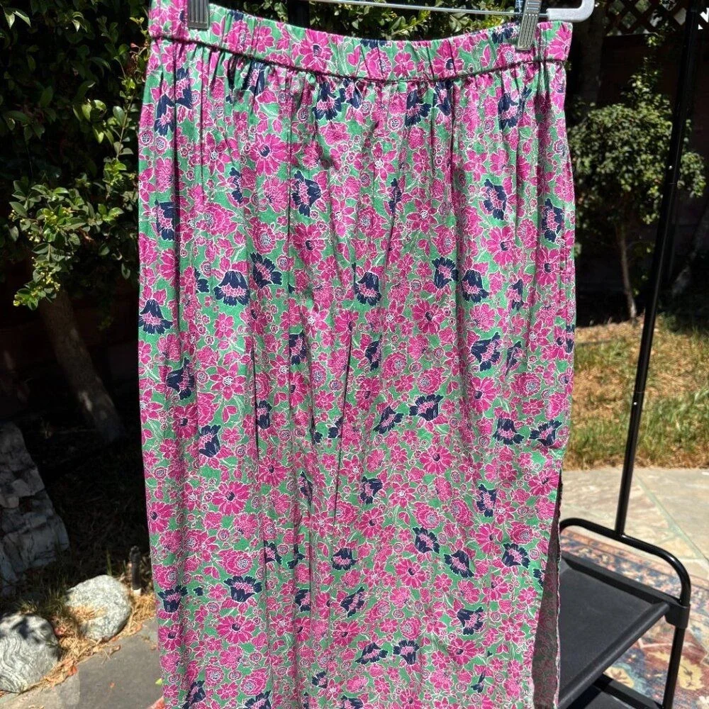 Sundry‎ Floral Cotton Midi Skirt Pink Green Navy Pull-On Boho Cottagecore L